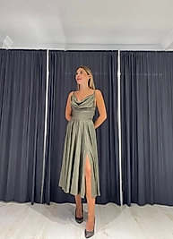 Askılı Saten Midi Elbise