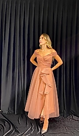 Prenses Kollu Askılı Eteği Fırfır Detaylı Simli Abiye