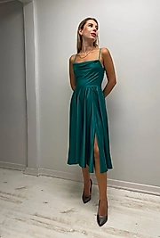 Degaje Yaka Sırtı Bağlamalı Saten Midi Elbise