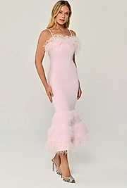 İp Askılı Göğüs Ve Eteği Tüylü Balık Midi Elbise