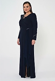 Uzun Kollu İşlemeli Payetli Krep Uzun Elbise