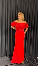 Kayık Yaka Karpuz Kollu Bel İşlemeli Krep Elbise