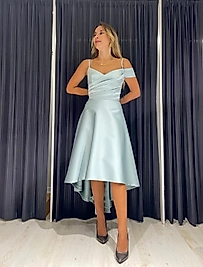 Askılı Tek Omzu Düşük Midi Saten Elbise