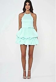 Taşlı Halter Yaka Balon Etek Tafta Kumaş Kısa Elbise