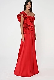 Tek Omuz Fırfırlı Kalp Göğüs Tafta Kumaş Uzun Elbise