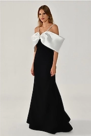 Taşlı İp Askılı Düşük Omuz Krep Uzun Elbise