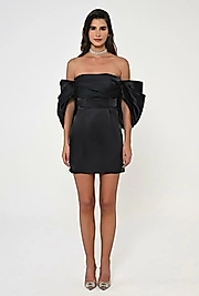 Düşük Balon Kol Straplez Kısa Saten Elbise