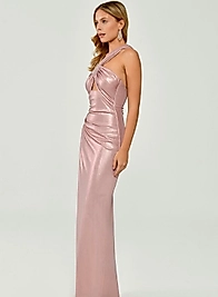 Tek Çapraz Askılı Taşlı File Yırtmaçlı Uzun Elbise