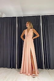 Üst Kısmı Drapeli Tek Taş Detaylı Şifon Elbise