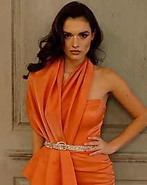 Şal Yaka Taş Kemerli Uzun Elbise